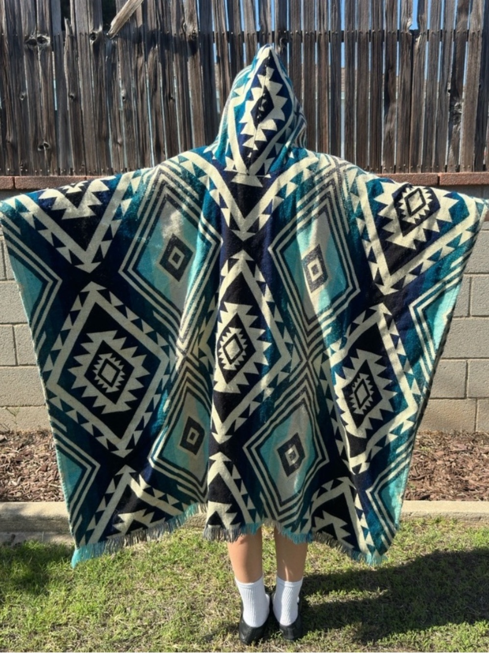 100% Wool Blue Geometric Poncho